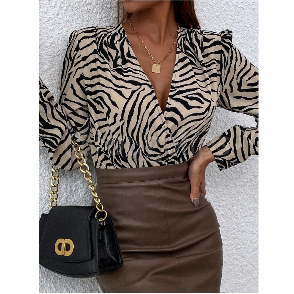 Zebra Animal Print Bodysuit Long Bishop Sleeves Puff V-Neck Surplice Black Beige - Picture 5 of 8
